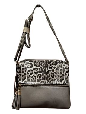 Deluxity Leopard Accent Crossbody Shoulder Bag in Gray